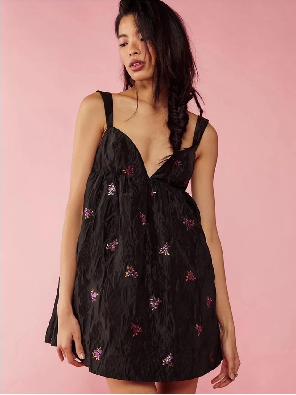 For Love And Lemons Black Mini Dress with Subtle Embroidery